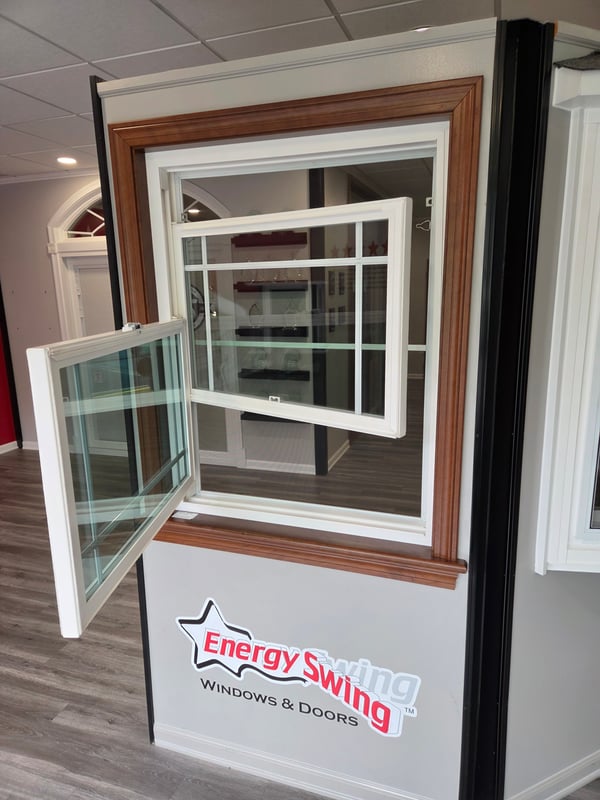 Energy Swing showroom window with both sashes swung inward for cleaning