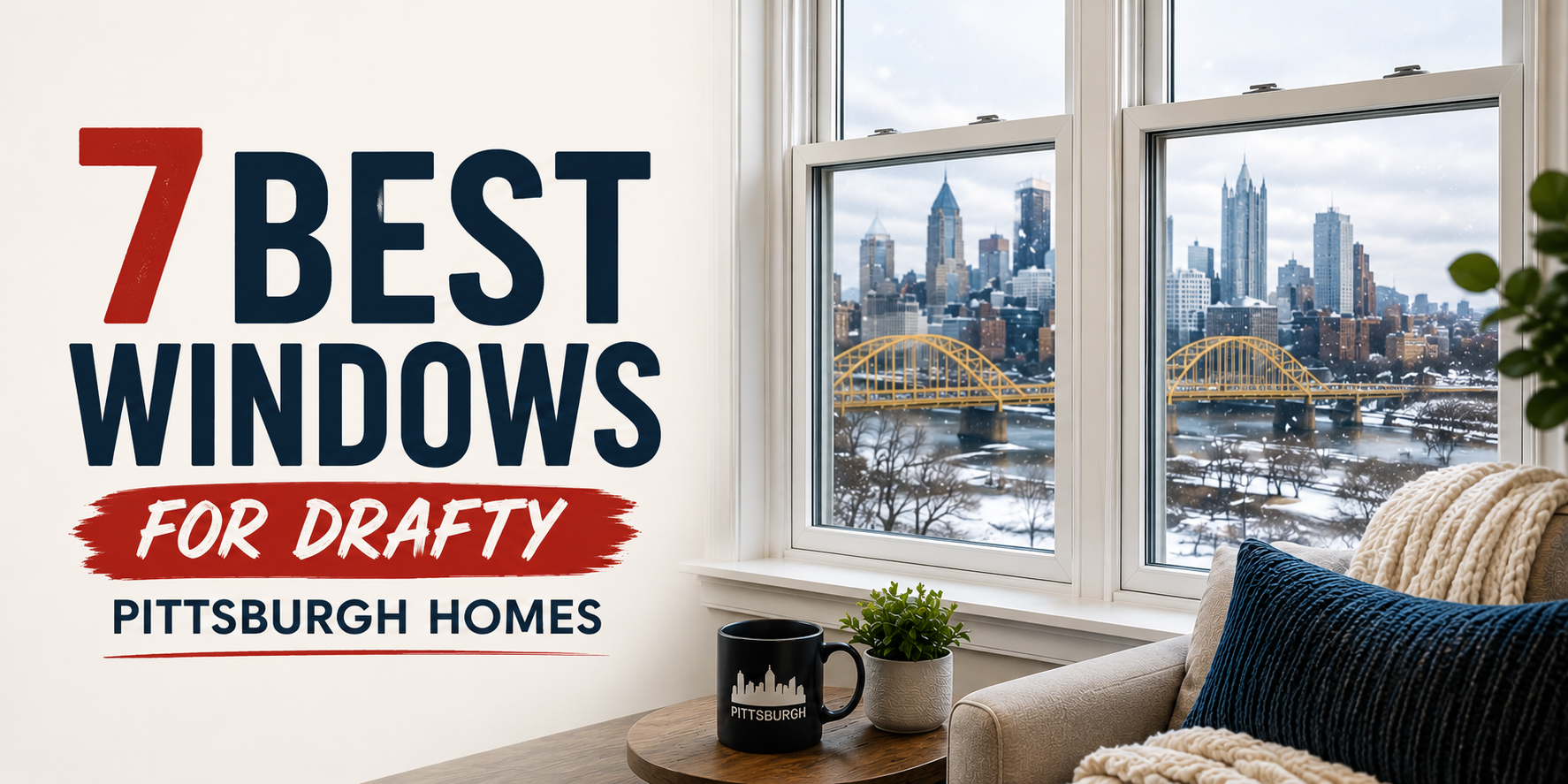 Modern replacement window with a winter view of downtown Pittsburgh and the title 