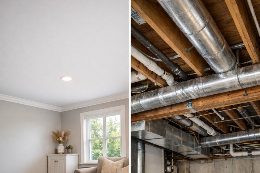Basement ceiling showing ductwork and pipes that must be planned around during basement finishing