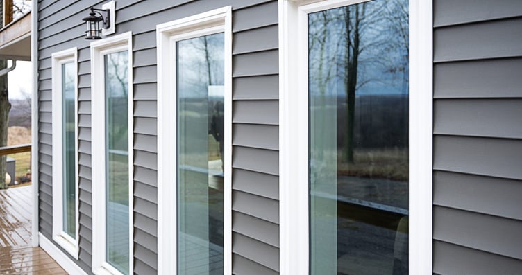 vinyl picture window on home with grey siding