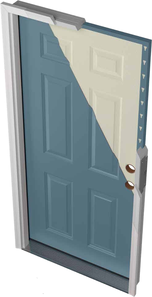 ProVia Legacy steel entry door cutaway showing 20-gauge steel skin, lock block, and foam core