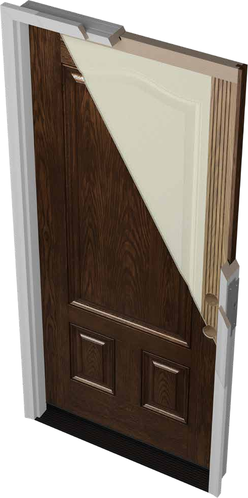 ProVia Signet fiberglass entry door cutaway showing hardwood stiles, hardwood edges, and foam core