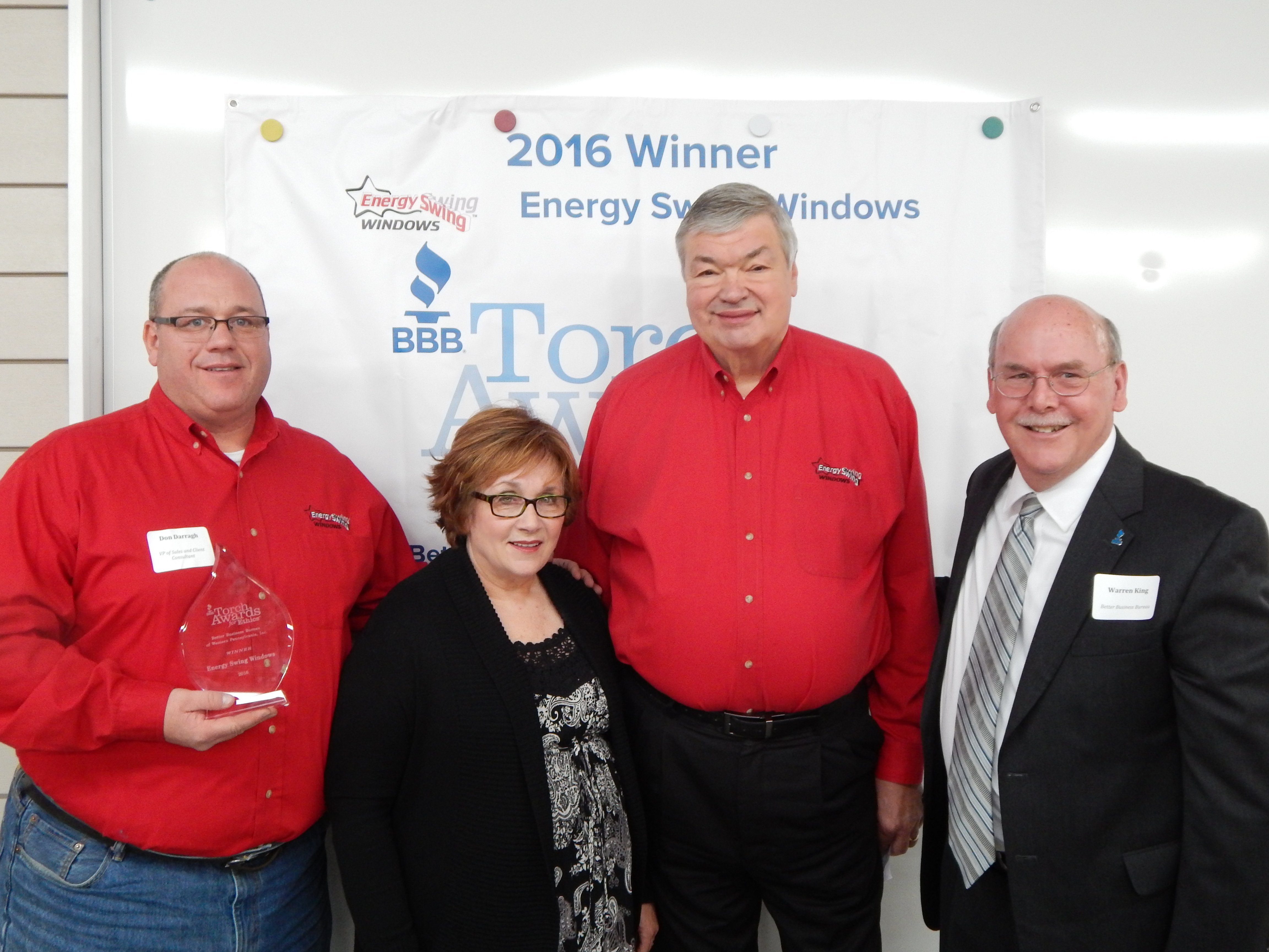 Energy Swing Windows team accepting the 2016 BBB Torch Award for Ethics