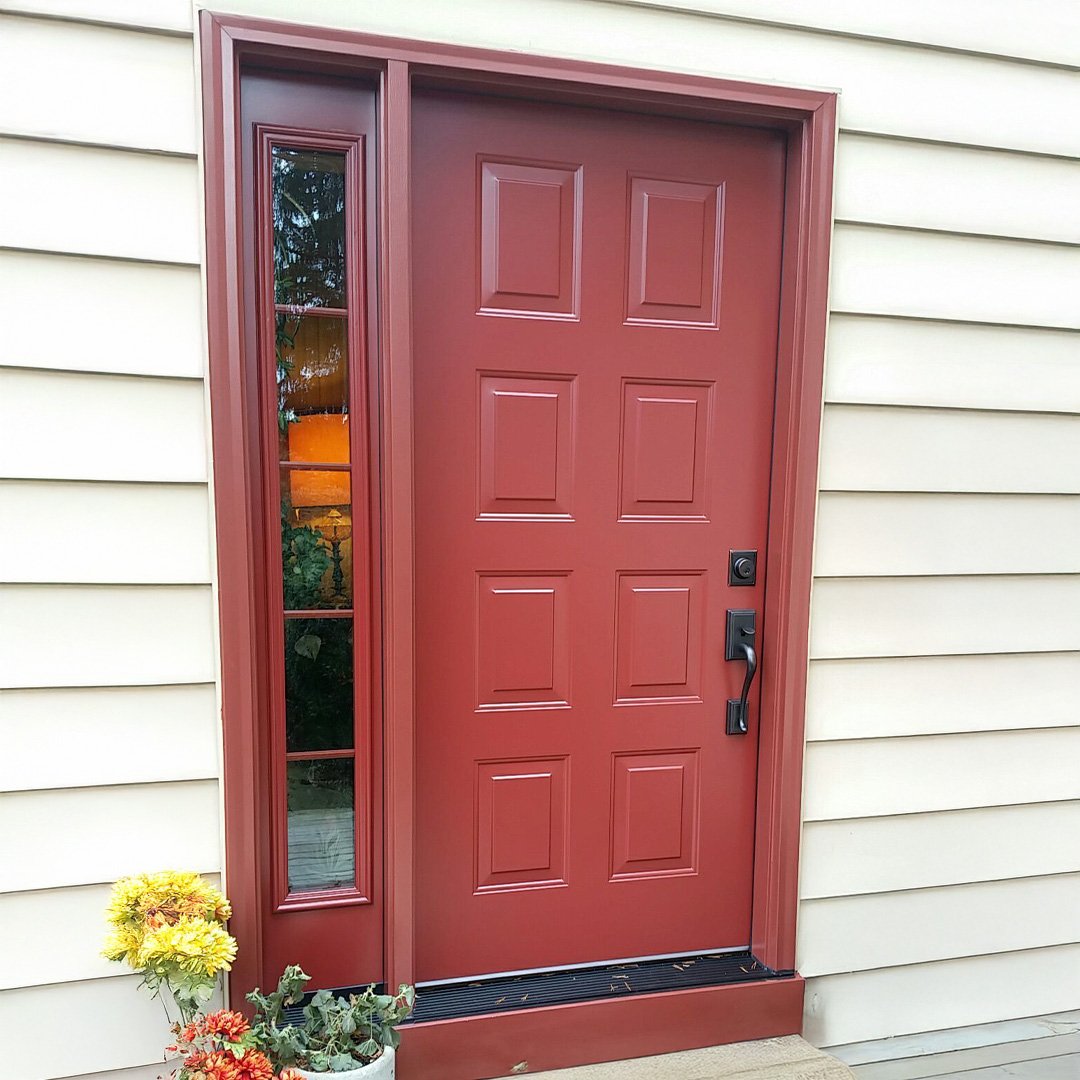 Red ProVia steel entry door with one sidelite