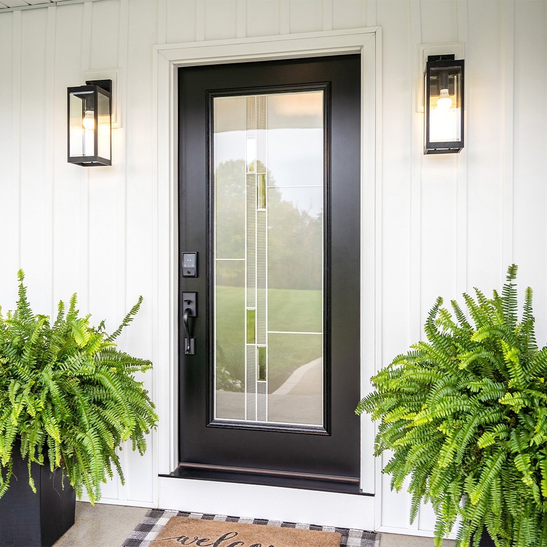 Black ProVia steel entry door with full-length glass