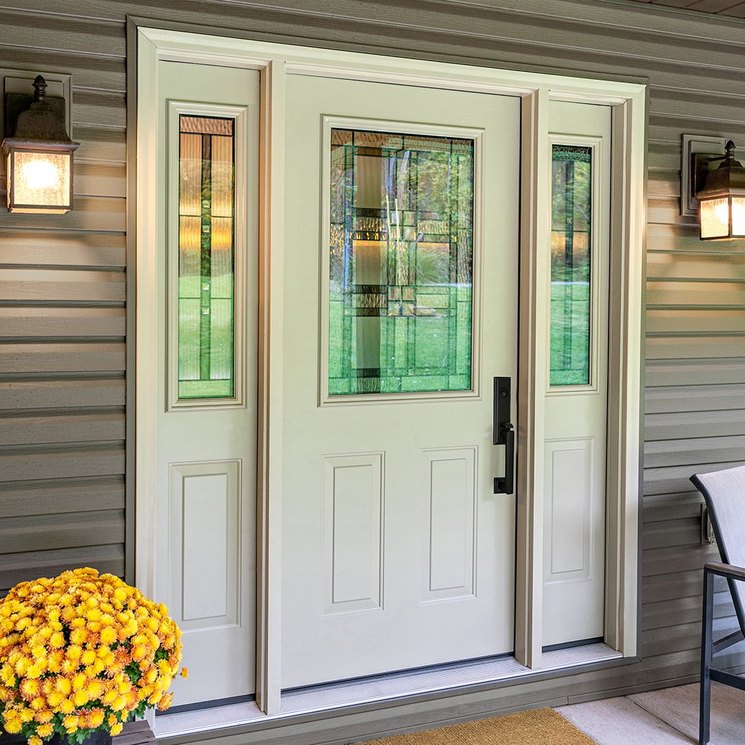 White ProVia steel entry door with decorative glass and two sidelites