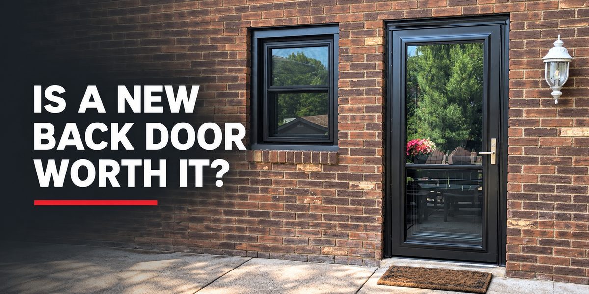 Black full-glass back door on a brick home, with the title 