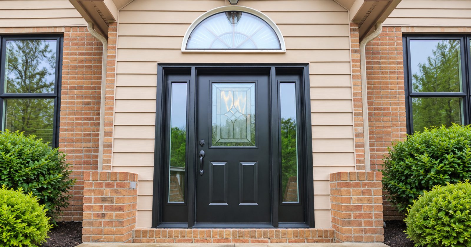 Black front entry door with two sidelights and an arched transom window
