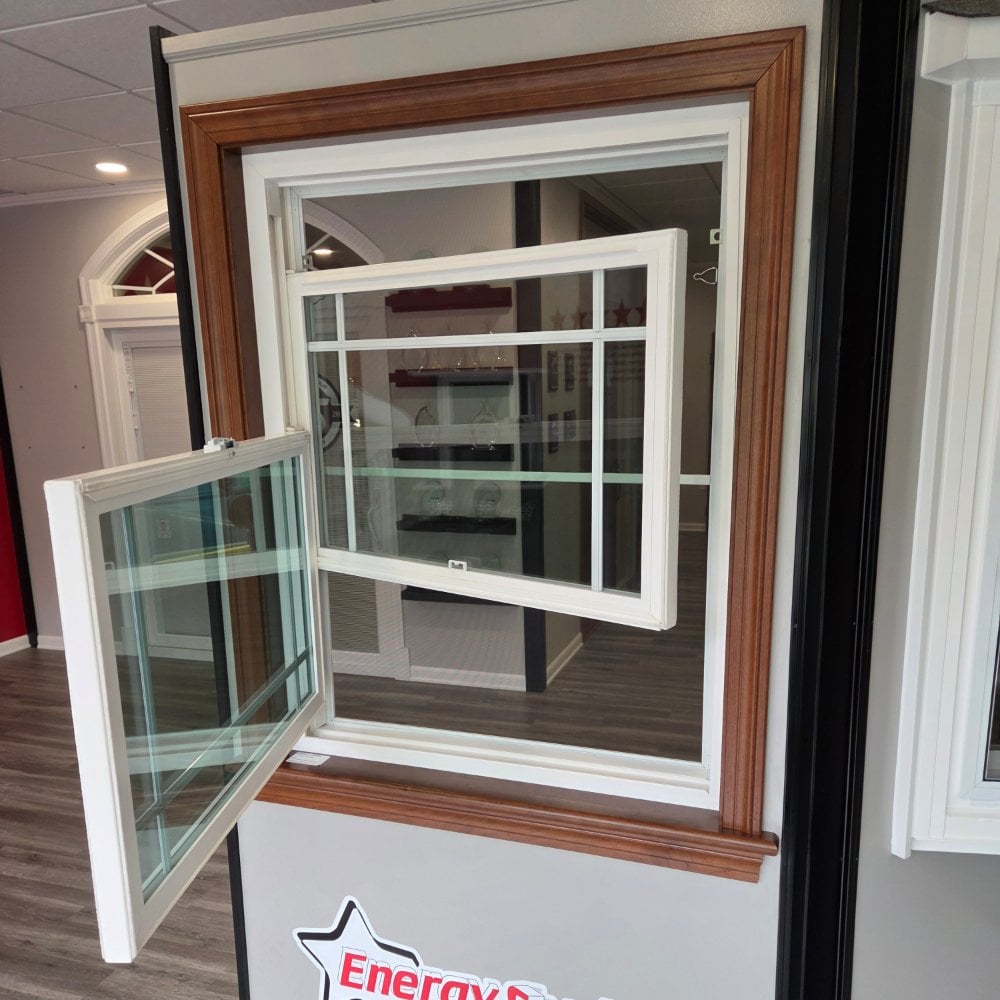 Energy Swing Easy Clean double hung window with both sashes swung in for cleaning at our Design Center