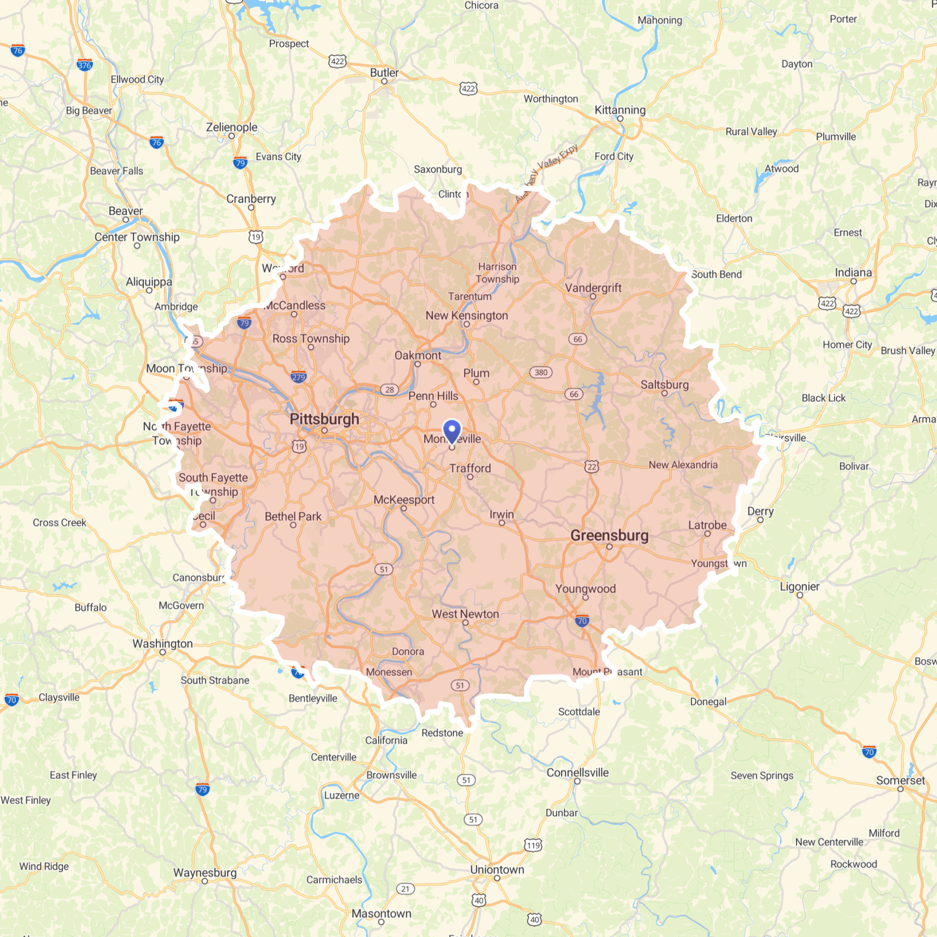map of service area showing 30 mile radius around monroesville