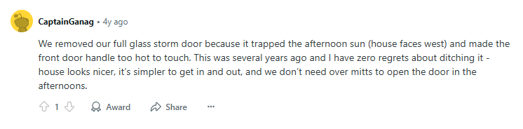 Reddit thread comment about users experience with a storm door,